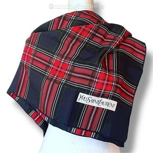 Vintage Yves Saint Laurent YSL Silk Scarf In Blue Green & Red Plaid Print